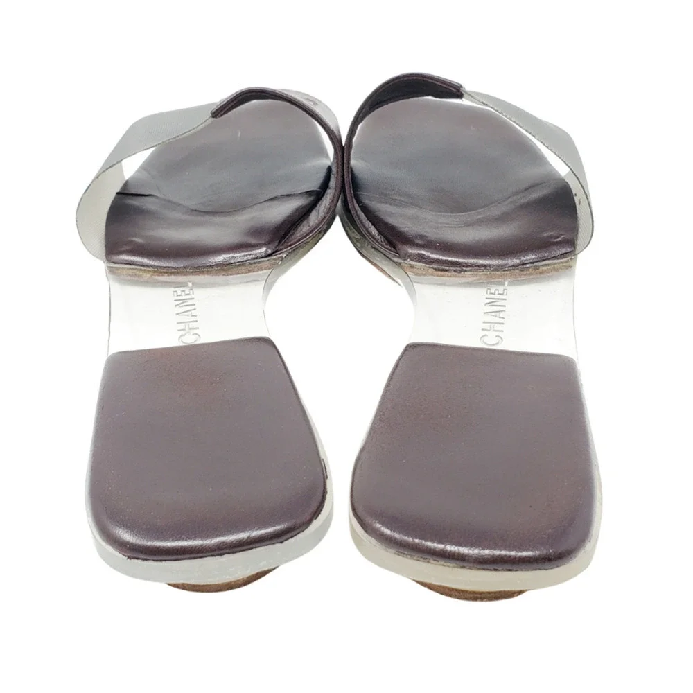 Chanel Sandals Brown Leather Flat Slides LOGO Clear Block PVC Mules EU 36.5